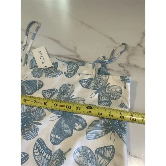 Shekou Satin Dress Size Large Blue And‎ White Butterfly New - Picture 4 of 6